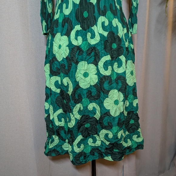 Alquema Green Smash Pocket Dress Midi  Crinkle Long Sleeve Floral Print 0 Small - Picture 9 of 12